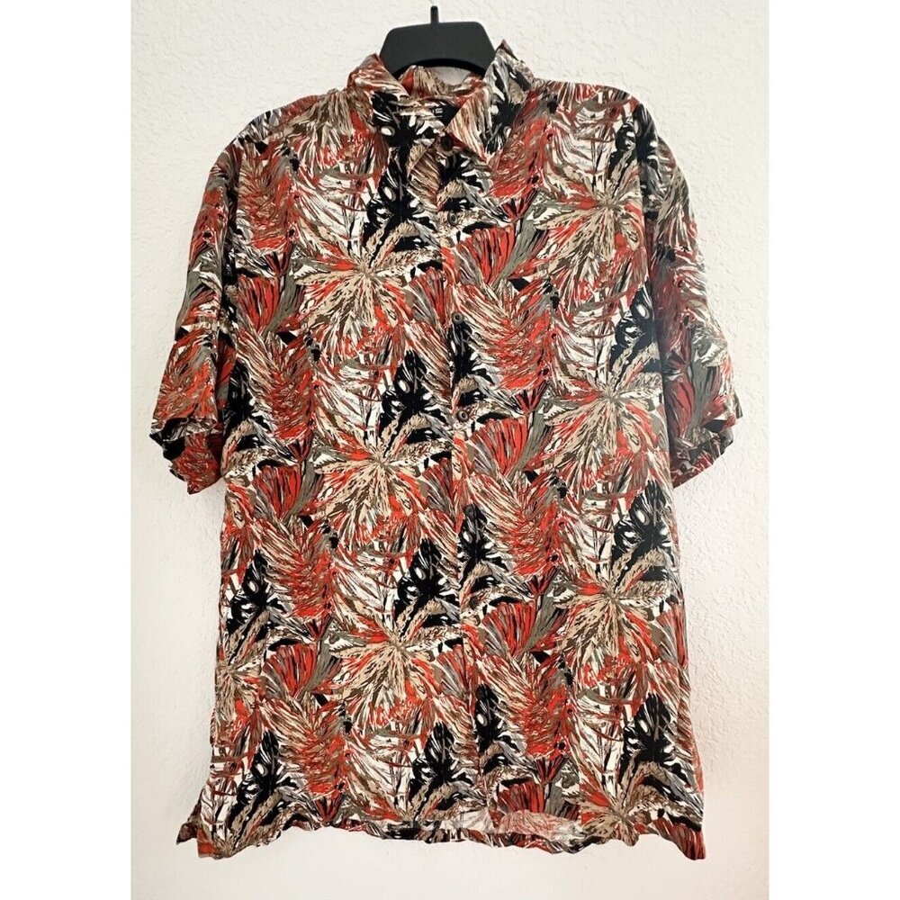 AXIS LA Button Up Shirt Mens XL Red Black 100% Silk Hawaiian Style Floral‎ Print